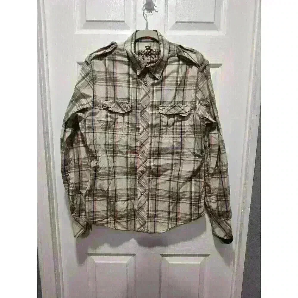 GUESS MENS‎ MEDIUM LONG SLEEVE SNAP DOWN ZIPPERED POCKETS WESTERN PLAID SHIRT